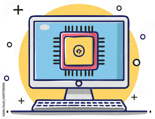 Computer with Chip Processing Vector Icon Device Display Keyboard Technology Upgrade