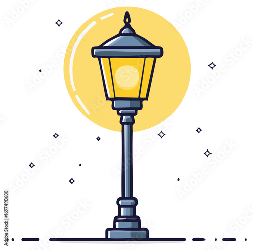 Stylized Illustration of a Street Lamp Illuminated by a Large Round Moon