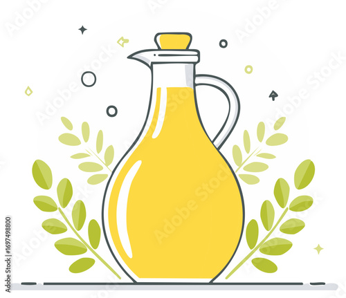 Olive oil in clear jar illustration with green leaves vector art for cooking background