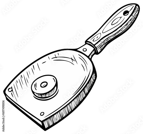 Hand drawn illustration of a paint scraper tool in black and white