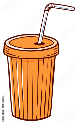 Orange drink in a disposable cup with straw, cartoon illustration