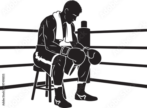 Boxer Resting in Corner of Boxing Ring - Silhouette