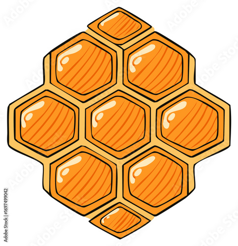Cartoon illustration of a beehive honey comb with an orange, amber hue.