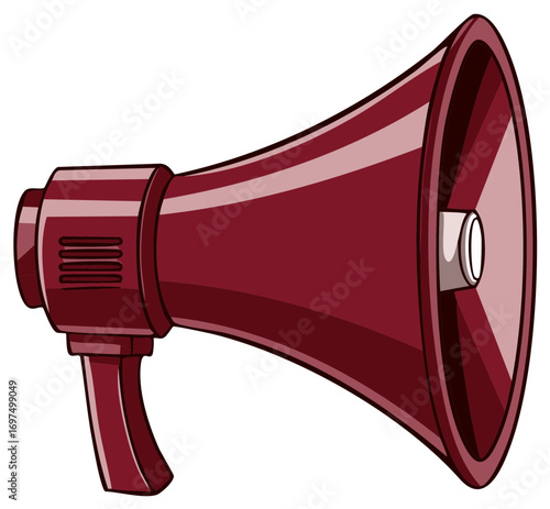 Isolated maroon megaphone with a curved handle and a flared bell showcasing a simple, clean design