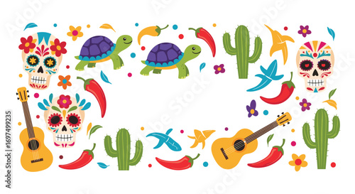 Fiesta celebration mexican culture festive art design with skulls cacti turtles guitars and chilis