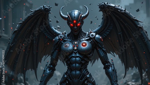 A formidable, mechanized entity with large, dark wings commands a ruined cityscape.