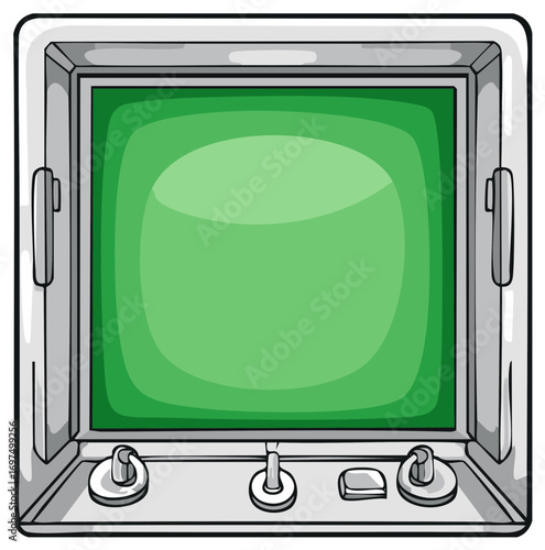 Vintage retro computer monitor with a blank green screen cartoon drawing