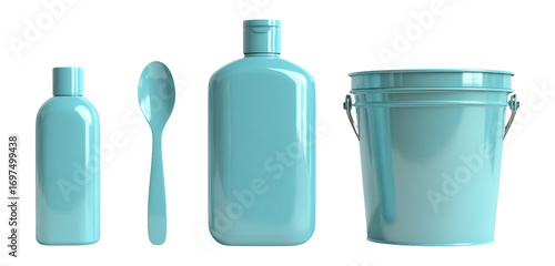 Collection of Blue Plastic Bottles and Bucket for Versatile Use