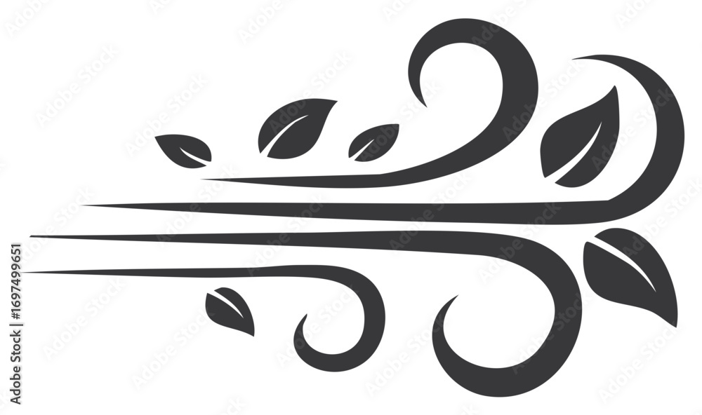 Fototapeta premium Wind Illustration with Swirling Lines and Leaves, Airflow Vector