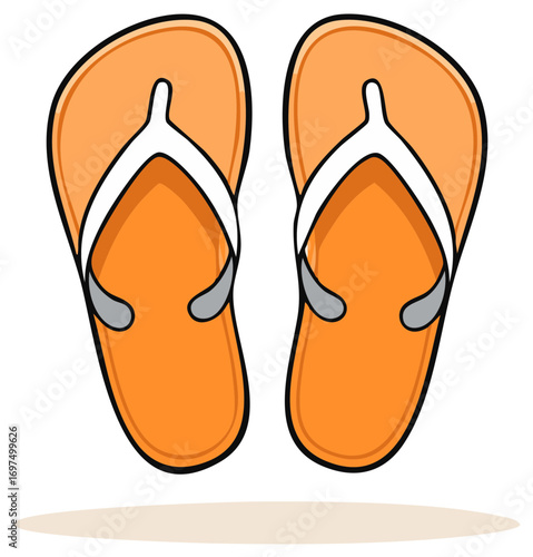 Bright orange flip-flops with white straps, isolated on a white background with a subtle shadow