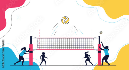 Energetic volleyball match featuring athletic players competing in a dynamic outdoor setting with vibrant abstract shapes adorning the background