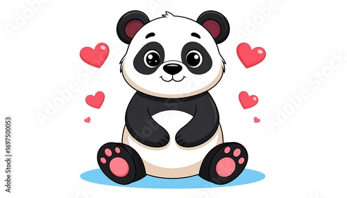 Cute panda sitting, surrounded by hearts