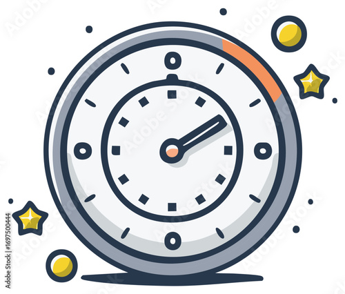 Cartoon Stopwatch Timer with Stars and Circles Indicating Time Passing Swiftly