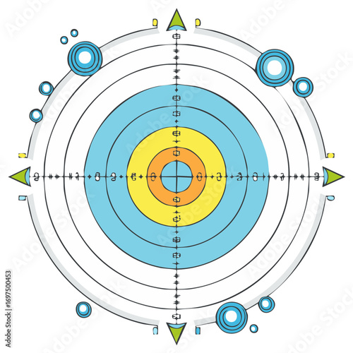 Mystical hand drawn target symbol with compass arrows and circular elements