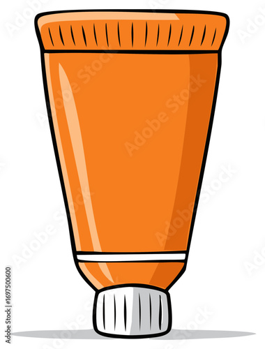 Orange cartoon tube of cream or lotion with highlights and shadows, isolated