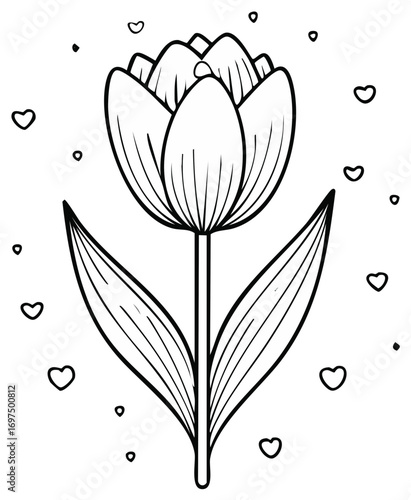 Stylized tulip flower illustration with heart elements coloring book design