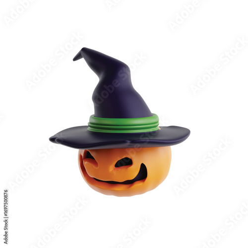 Playful 3D rendered Halloween jack-o'-lantern character wearing a classic witch's hat, perfect for festive seasonal decorations and spooky holiday designs on a white background