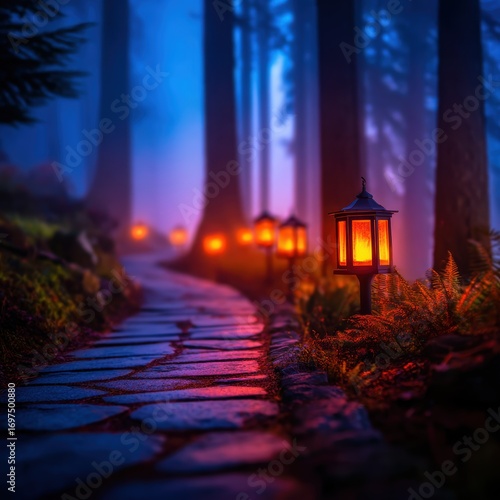 Serene forest path illuminated by glowing lanterns, surrounded by misty trees and vibrant foliage at dusk