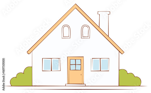 Stylized white house doodle with beige roof trim and green shrubs