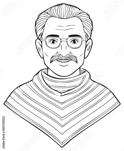 Smiling adult man with mustache and glasses wearing a patterned traditional poncho