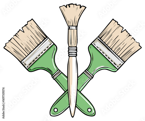 Stylized crossed paint brushes with green handles, artistic illustration for craft and painting projects.