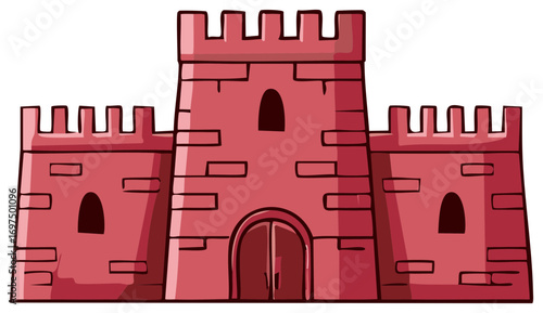 Cartoon illustration of a strong red castle with three towers and battlements