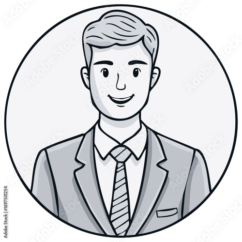 Smiling businessman in suit and tie inside a circular frame, line art