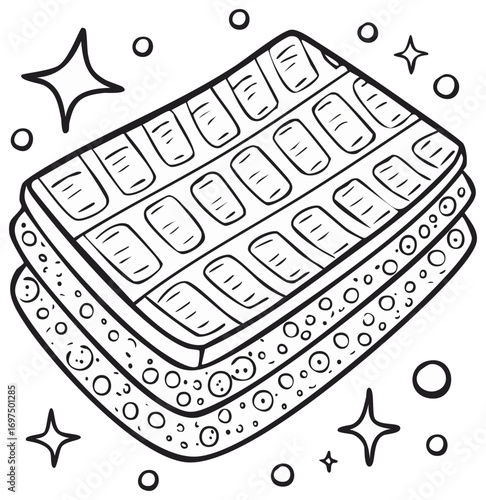 Black and white line art of stacked kitchen sponges for washing and cleaning