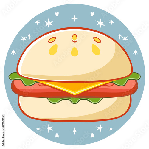 Stylized hamburger with lettuce and cheese on a light blue background with stars