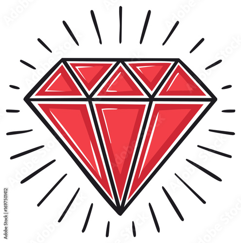 Vibrant red diamond gem illustration with sparkling light rays in cartoon style.