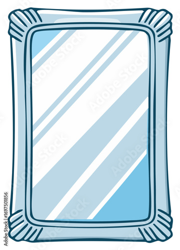 Simple cartoon rectangular mirror with blue frame and reflections