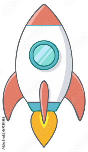 Vibrant cartoon rocket ship blasting off with fiery orange exhaust and a porthole window