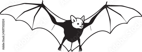 Dramatic bat illustration, perfect for Halloween designs or spooky themes, a silhouette in flight with spread wings ready to add a touch of the eerie to your project