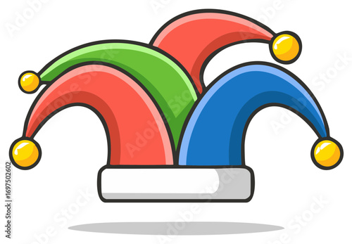Cartoon illustration of a colorful jester hat with bells, a symbol of comedy and fun.