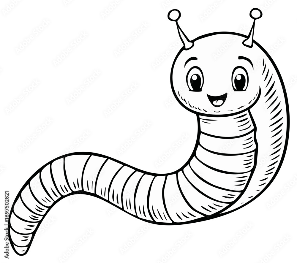 Fototapeta premium Smiling cartoon worm character illustration, black and white line art.