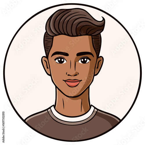 Cartoon Portrait of a Young Man in a Circle, Graphic Illustration