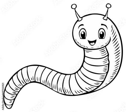Smiling cartoon worm character illustration, black and white line art.