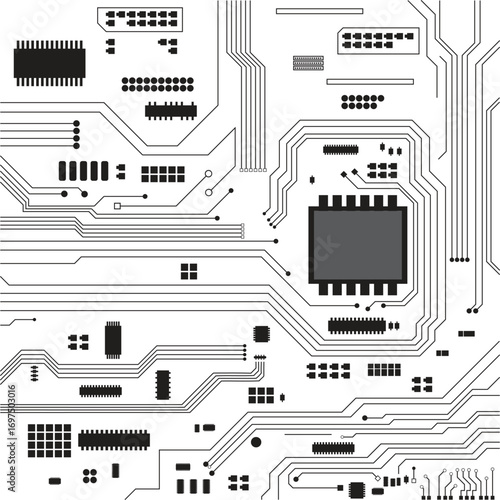 Printed circuit board with computer chips and digital tech