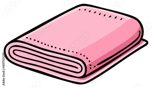 A simple cartoon illustration of a cozy folded pink blanket with stitching detail