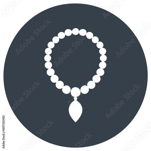 White beaded necklace with teardrop pendant isolated on dark background in a circle