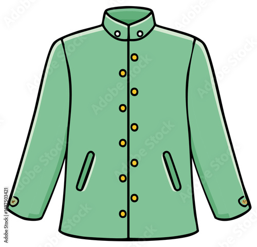 Green cartoon jacket with yellow buttons and two side pockets isolated on white