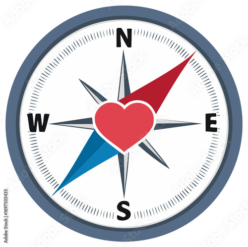 Compass with a heart points the way to love, navigation, directions, and connections.