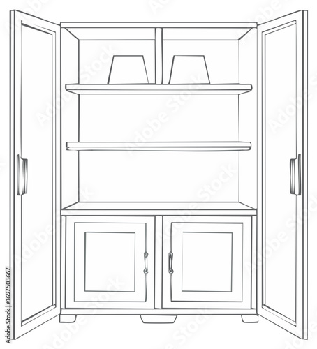Hand drawn sketch of a classic wooden cabinet with open doors and empty shelves