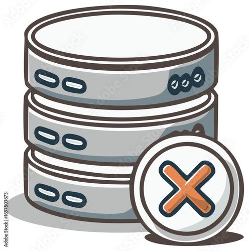 Database servers stack with cross mark icon depicting data error or system failure illustration