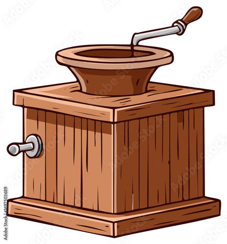 Traditional antique wooden manual coffee grinder with turning handle cartoon vector illustration