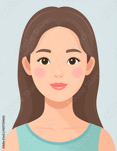 A cheerful illustration displays a young woman with soft features and a pleasant expression.