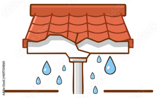 Cartoon Illustration of a Broken Gutter with Leaking Water Droplets from Roof