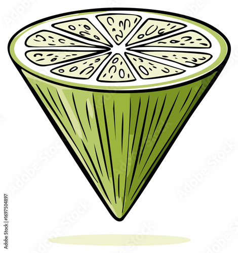 Stylized cartoon illustration of a fresh green lime cut into a unique cone or wedge shape