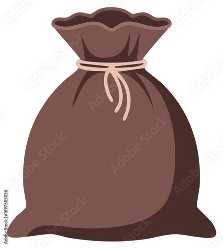 Vector illustration of a full brown rustic burlap sack tied with rope