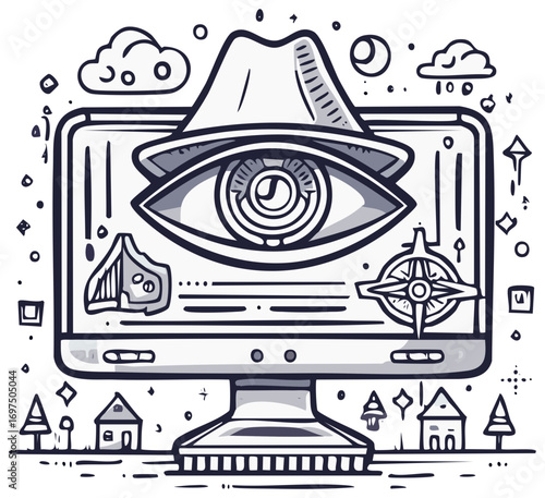 Digital surveillance and online privacy concept with a mysterious eye on a computer screen